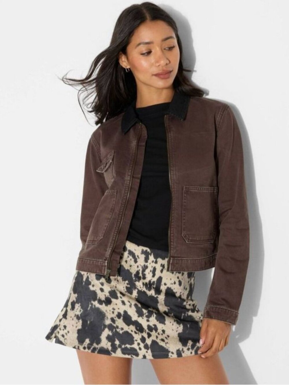 Brown Canvas Zip-Front Jacket with Black Corduroy Collar